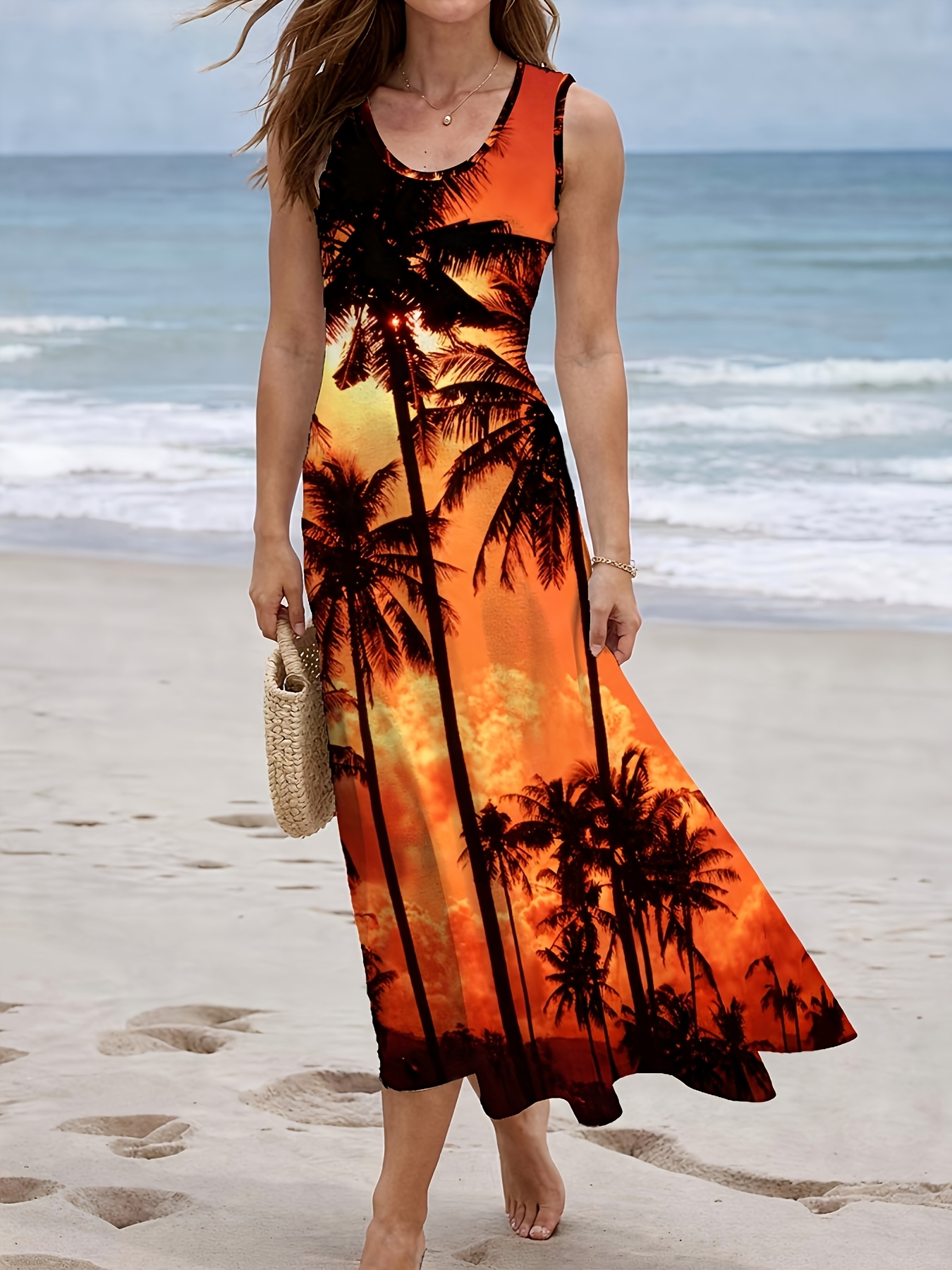 sachin and babi light blue dress 2* Fashion Elegant Vacation Abstract Painting Gradient Color Plant Coconut  Tree Graphic Breathable Crew Neck Tank Dress, New Women's Casual Dress,  Vacation Casual Women's Top Sleeveless A-Line Midi main image 0