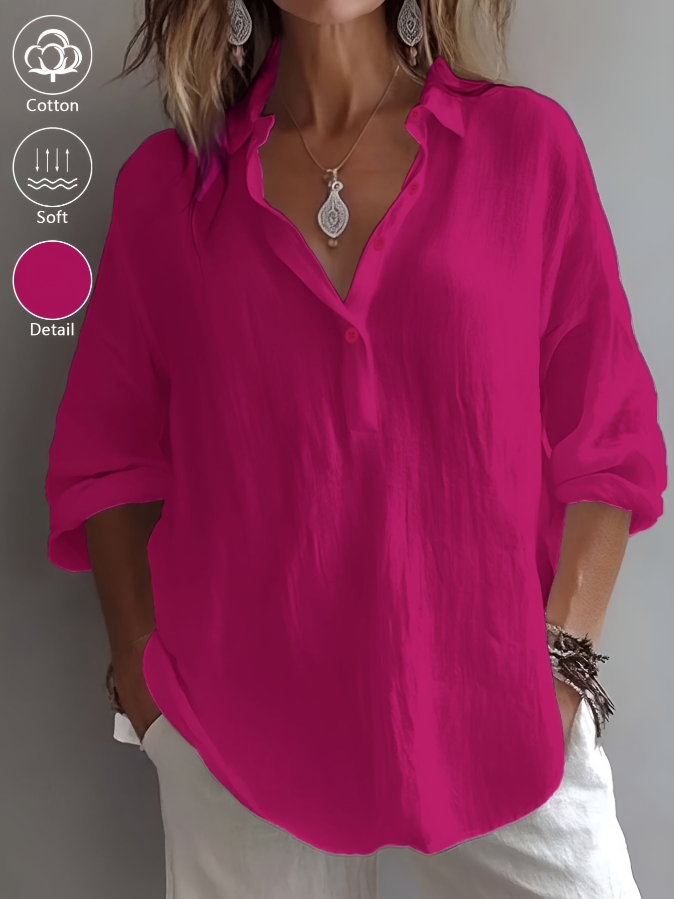 ženska elegantna klasična bluza s 3/4 rukavima i ušicom, 100% jednobojna, za sva godišnja  ,   i svestrana, idealna za svakodnevne izlaske i posao