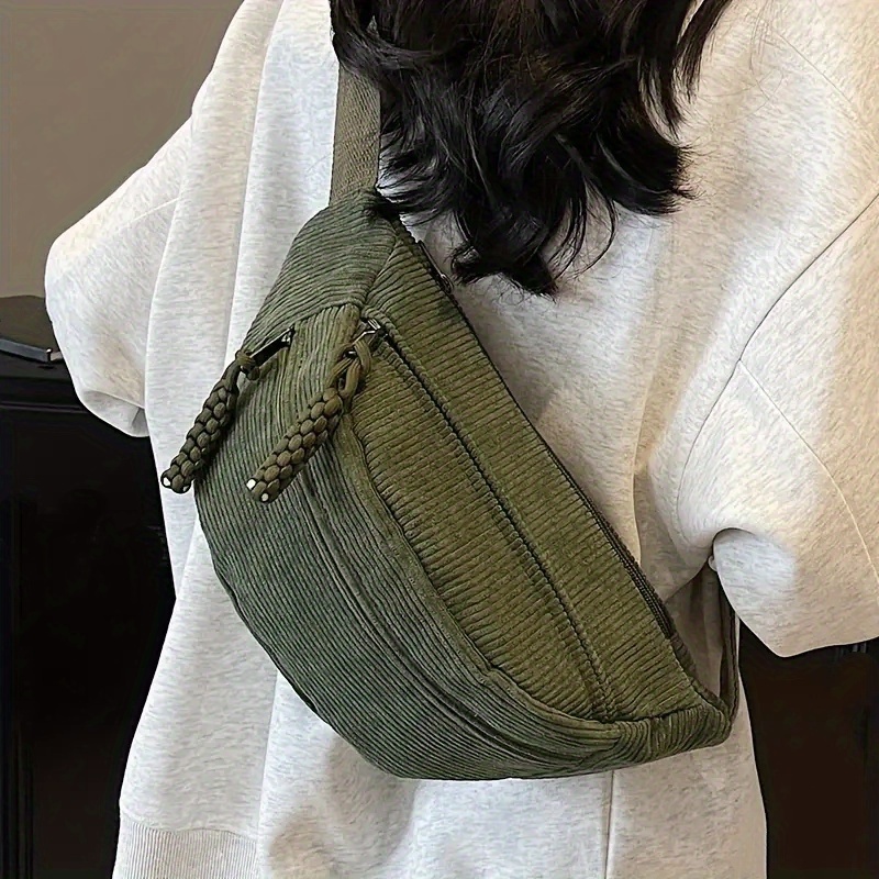 TEMU Retro Easy Corduroy Women's Waist Bag, Large Capacity Single Shoulder Crossbody With Adjustable Strap, Multiple Zipper Pockets, Ideal For