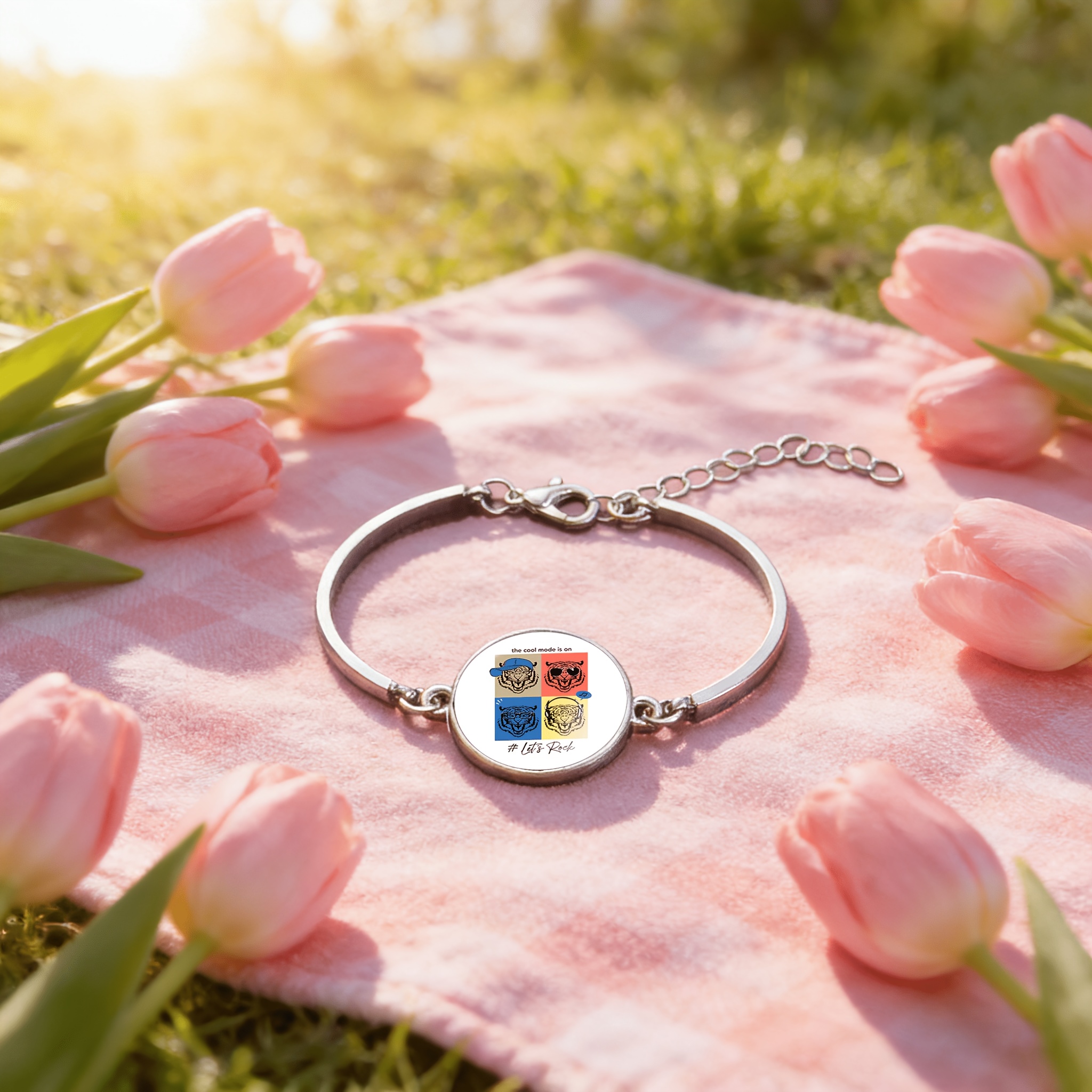 Adjustable Bangle with Tiger & Colorful Round Gem Inlay