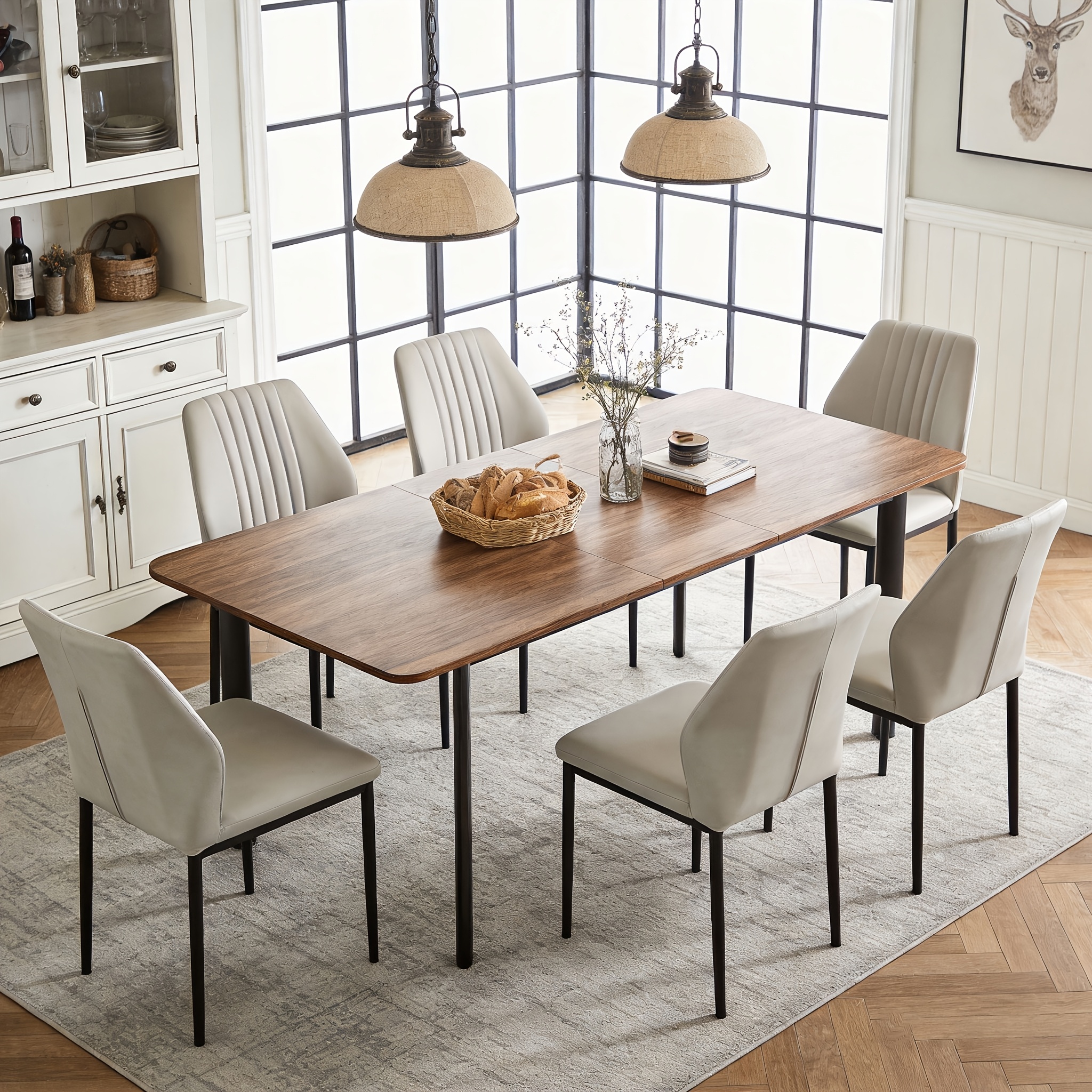 New Dining Table And Chair Set, High Back 6 Chairs + 1 Extendable Table (160-200cm), Mdf Top, Metal Legs, Comfortable Cushions, Suitable For Living Room, Dining Room, And Conference Room