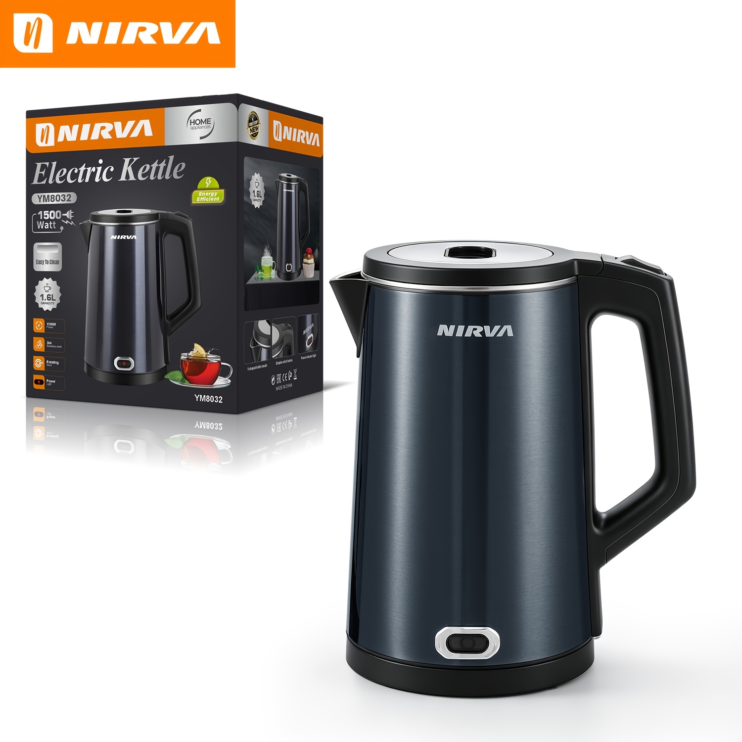 Image of Nirva Electric Kettle 1500w Fast Heating, 1.6l Family Large Capacity Water Boiler, Auto Shut Off & Boil Dry , Scratch Resistant Stainless Steel Exterior, Household Hot Water Pot For Tea, Coffee, Soup