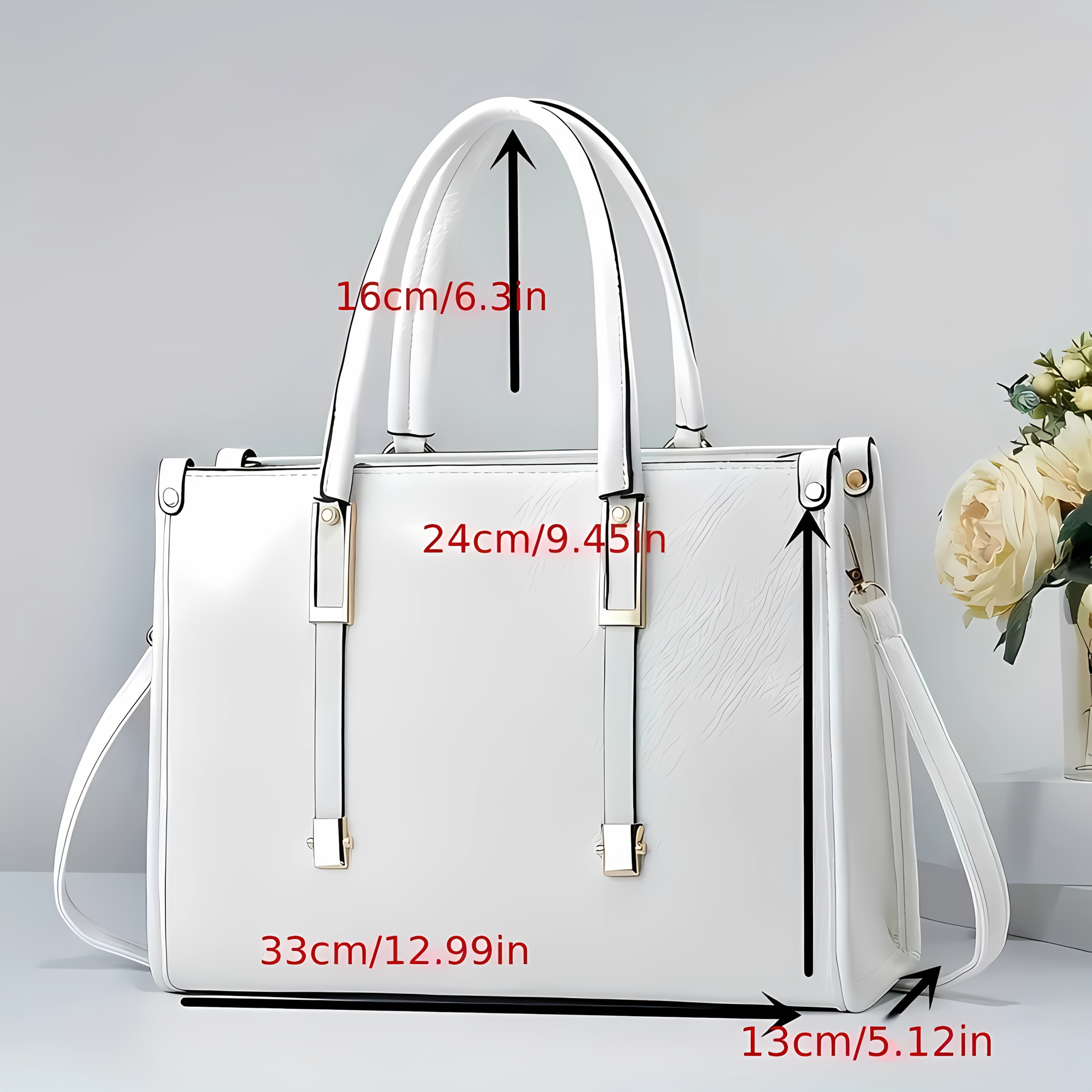 elegant womens genuine leather tote bag large capacity shoulder handbag with zipper closure multiple compartments adjustable shoulder strap white black hand   clean versatile for work casual   sophisticated accessory textured finish Product details 2