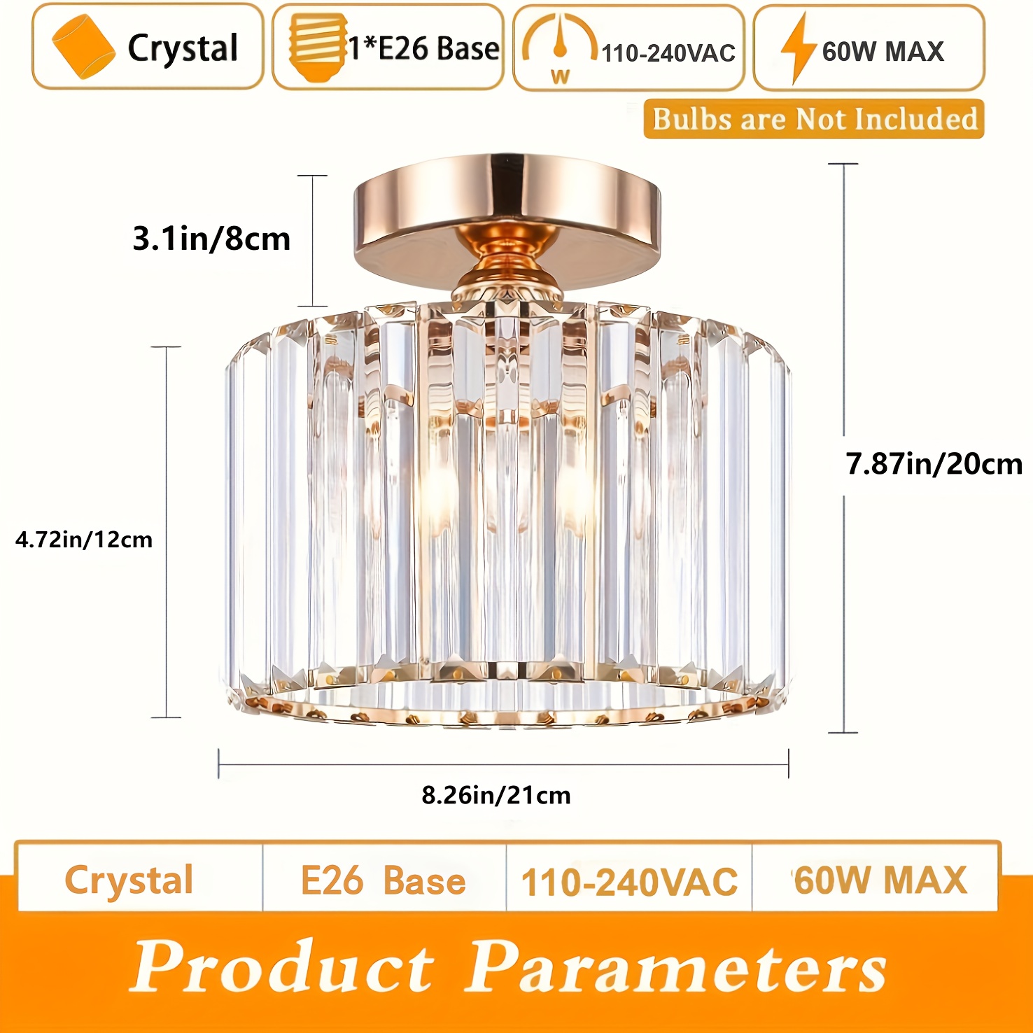 Mssian Semi Flush Mount Modern Chandelier, Crystal Ceiling Light Fixture, Small Close To Ceiling Light For Living Room, Bedroom, Hallway, Bathroom, Kitchen, Entryway With E27 Base(bulb Not Included)