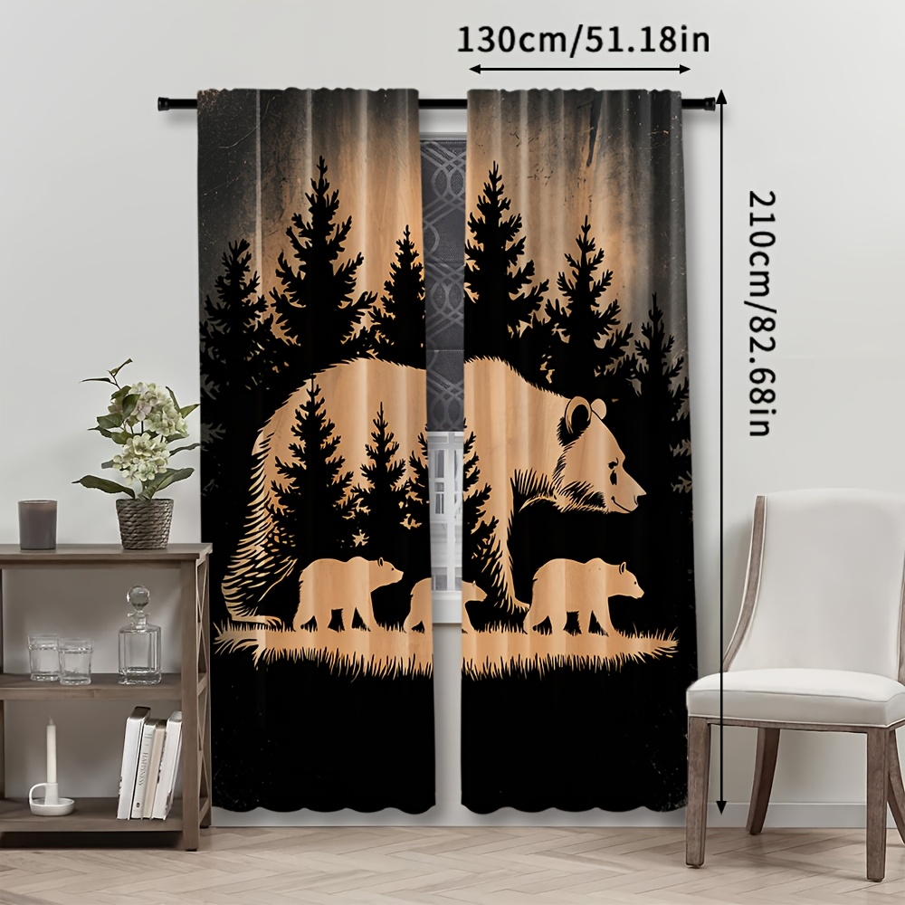 TEMU 2pcs Black Bear Scene Semi-sheer Curtains, Contemporary Woven Polyester For Bedroom, Decorative Rod Pocket Drapes, Machine Washable, 100-120 Gsm