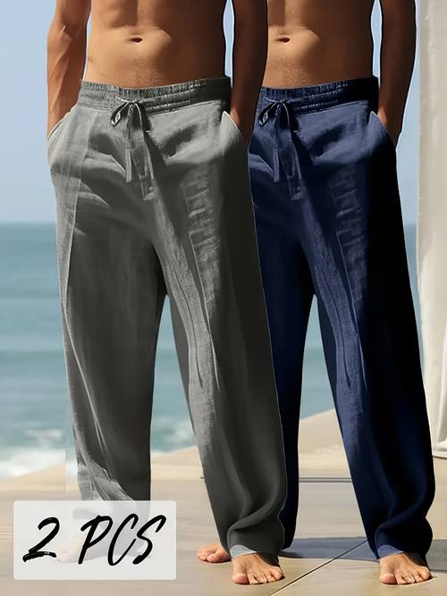 2pcs mens heavyweight linen pants 95 linen 5 polyester relaxed season trousers with elastic waist cuff breathable thermal casual riding pants for indoor outdoor activities versatile for semi formal to casual attire
