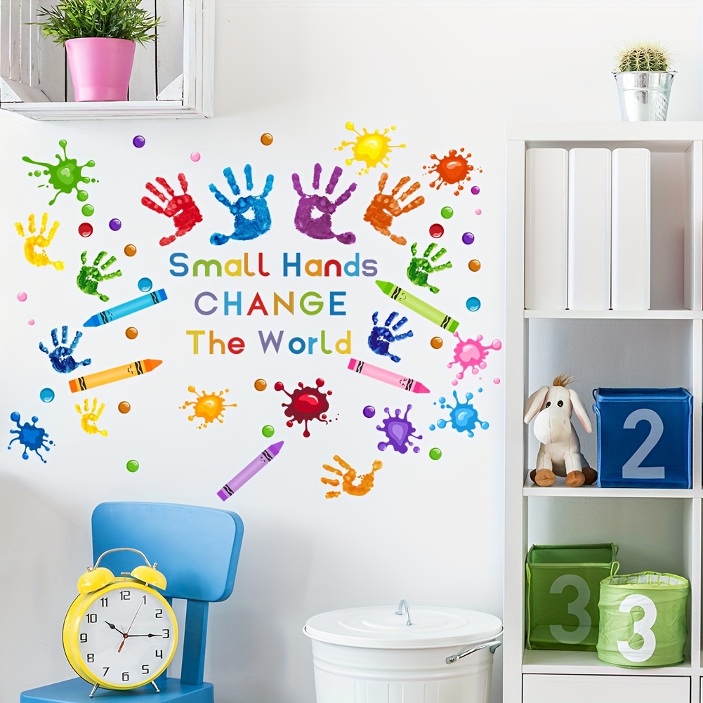 cartoon hand changing the world motivational   pencil palm theme wall decals for kids rooms schools bedrooms living rooms and sofa background decor