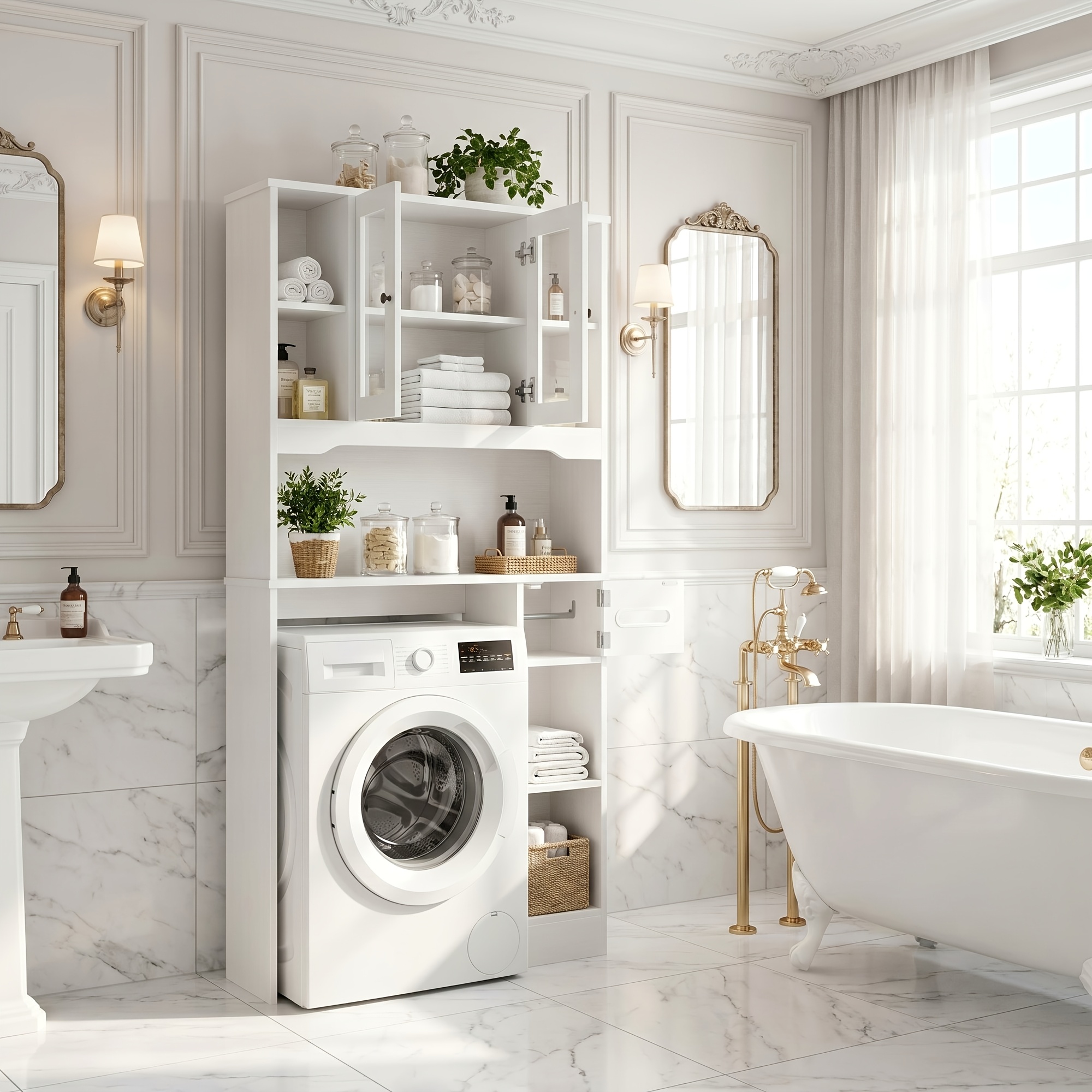 Image of Kealive & Washing Machine Cabinet With 2 Doors, 7 Open Shelves, Tissue Box Holder - Space- Bathroom Storage Shelf Suitable For Above Toilet And Washing Machine, Assembly