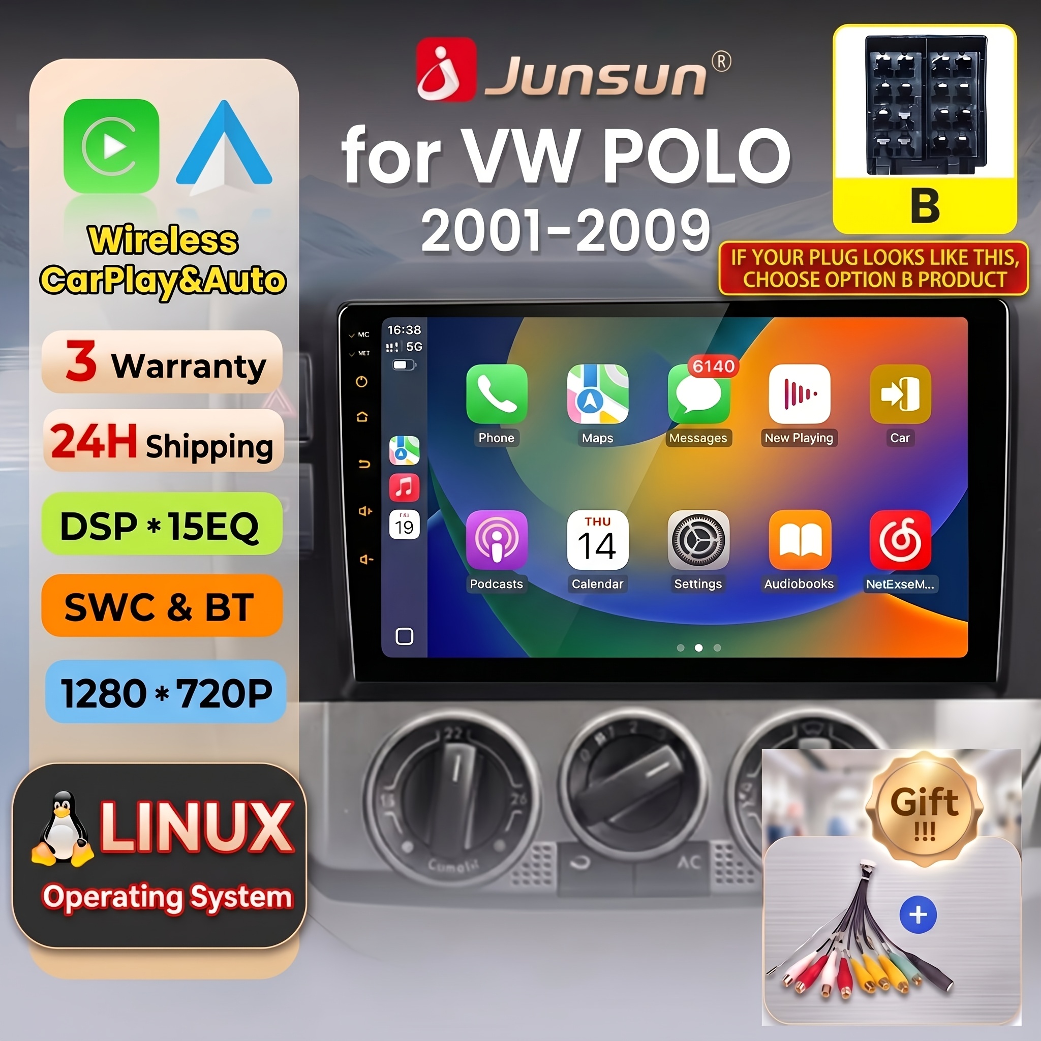 Image of Junsun 9inch/22.8cm Os Car Stereo For Mk4 Iv 2001 2002 2003 2004 2005 2006 2007 2008 2009 2010 2011 & Auto Multimedia Player, Dsp 15-band Eq, Wireless, Swc, Plug And Play With Frame &rca Cable