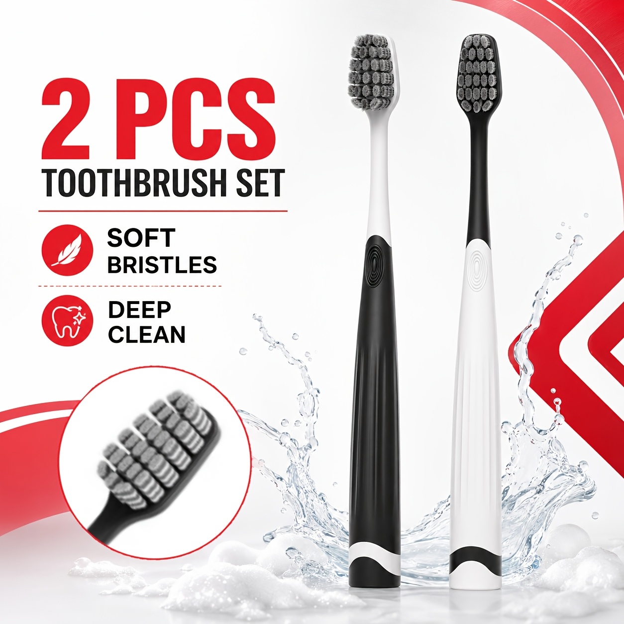 2pcs Black and White Soft Bristle Toothbrush Set