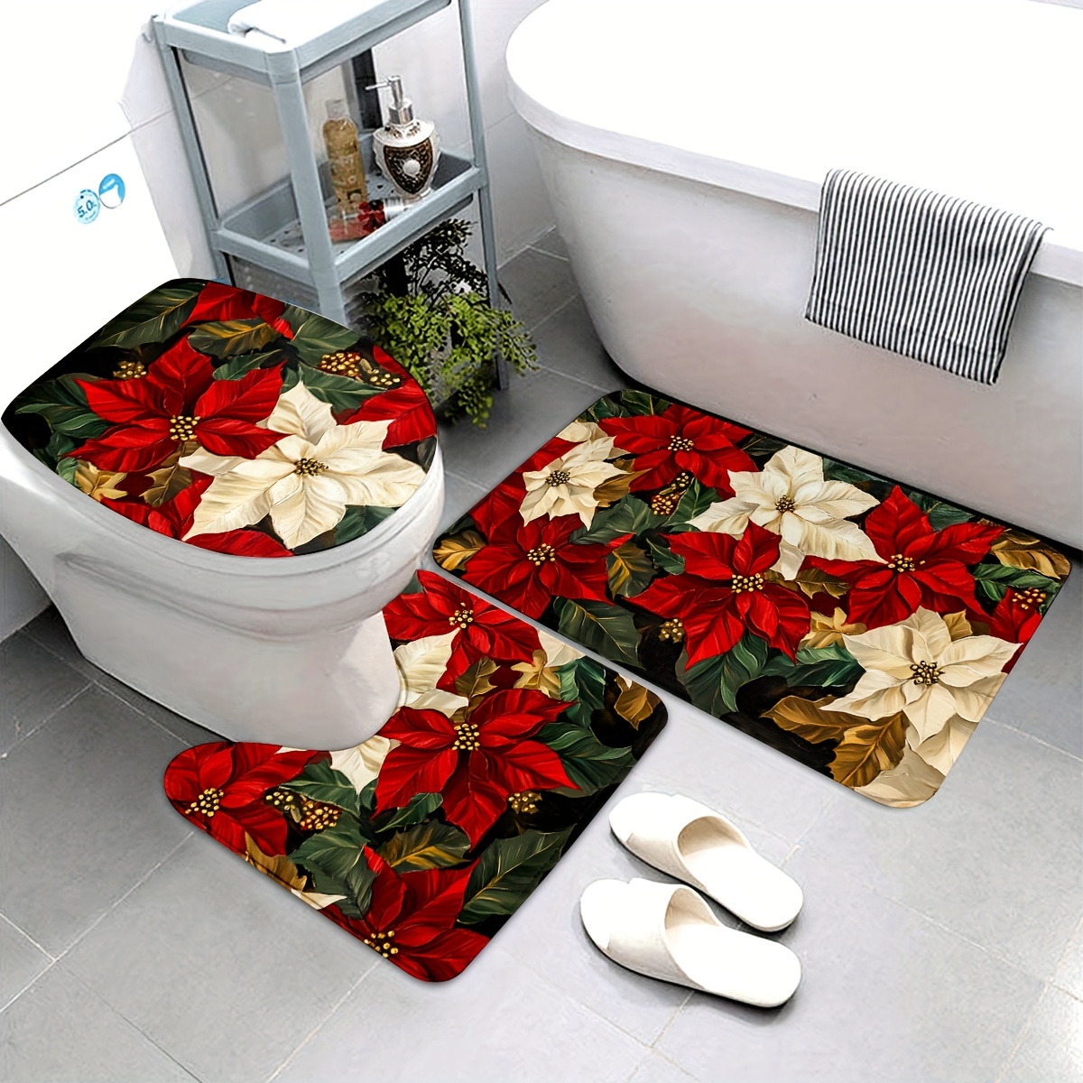 TEMU 3pcs Christmas Floral Pattern Bathroom Mat - Made Of High-quality Flannel, Soft, Comfortable And Washable, Christmas And New Year Bathroom