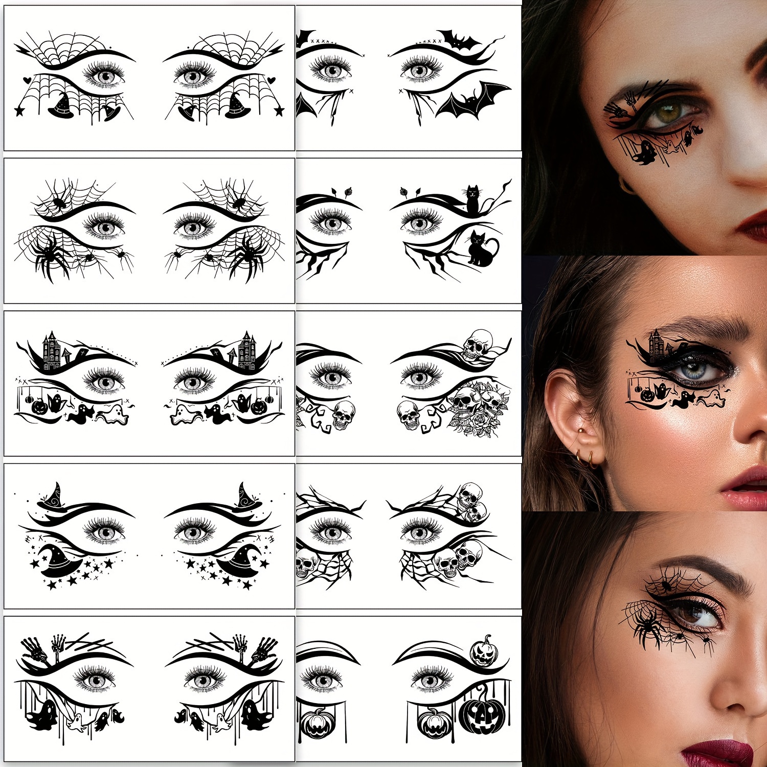 Image of 10 Sheets Halloween Face Eye Temporary Tattoo Stickers, Bat Web Pattern Fake Tattoo Stickers, Halloween Party Fun Face Decoration Waterproof Tattoo Stickers Suitable For Men And Women