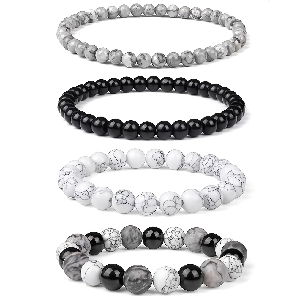 TEMU 4pcs Set Of 4/6/8/10mm Flexible Bracelets Featuring Natural Black Onyx Map Stones In A Bohemian Style, Symbolizing And —an For Casual Attire Or
