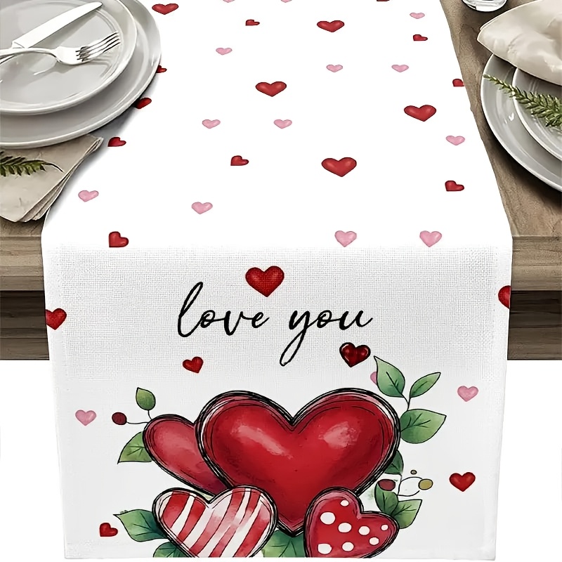 

1pc 's Day Table Runner, Polyester Woven Rectangular Love Heart Floral Print, Kitchen Table Mat For Home, Outdoor Garden, Holiday Party, Restaurant, Banquet Decor Supplies