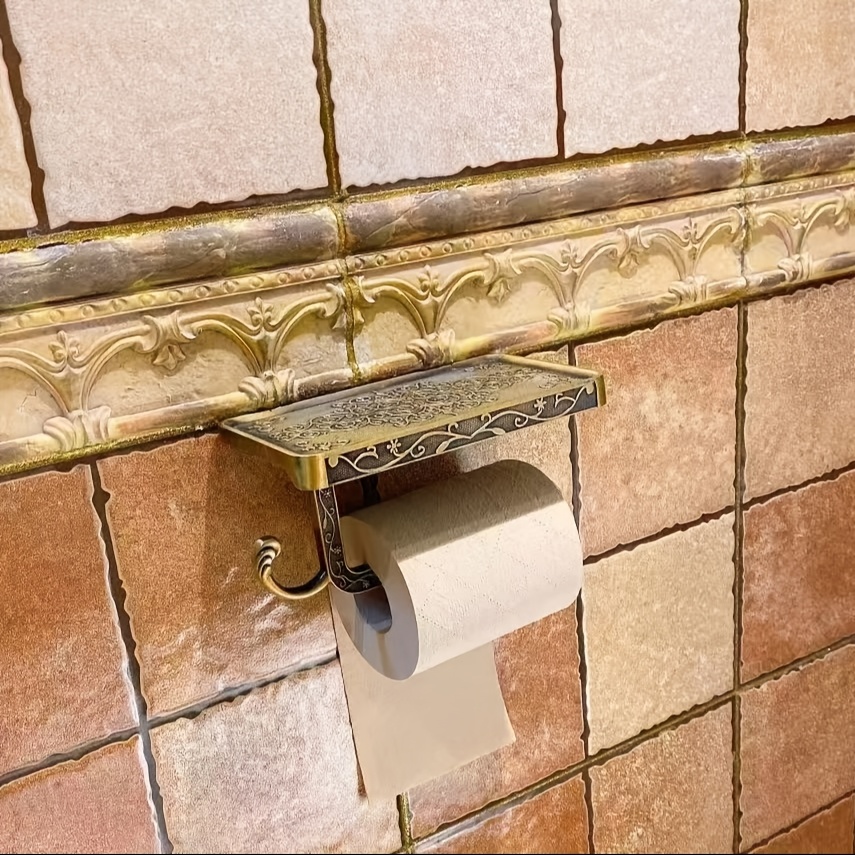 TEMU 1pc Vintage Koperen Toilet Papierhouder met Opslagrek, Wandmontage Badkamer Weefselrol Rack, Geverfd Finish, Zelfklevende Installatie, voor