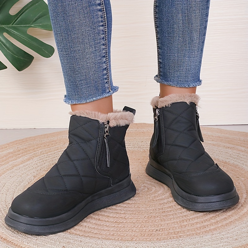 [1pc Winter Quilted Faux Fur Lined Ankle Booties] Winter Plaid Ankle Booties for Women, Quilted Faux Fur Lined Flat Heel Boots, Round Toe, Zipper Closure, Man-Made Upper, Fabric Inner, TPR Sole, Fabric Insole, with European Special Design for Winter