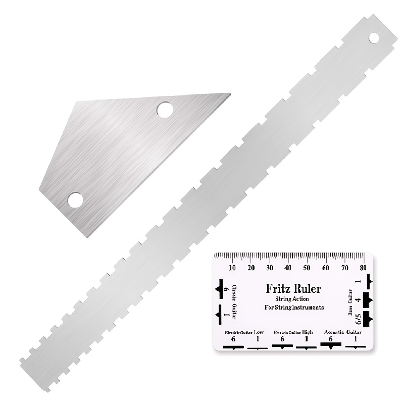 

Set Of 3 Guitar Maintenance Tools, Including A Guitar Neck Notch Ruler, A Fret Height Measurement Ruler, A Triangle Ruler, And A Guitar Action Ruler. Suitable For Most Guitars.