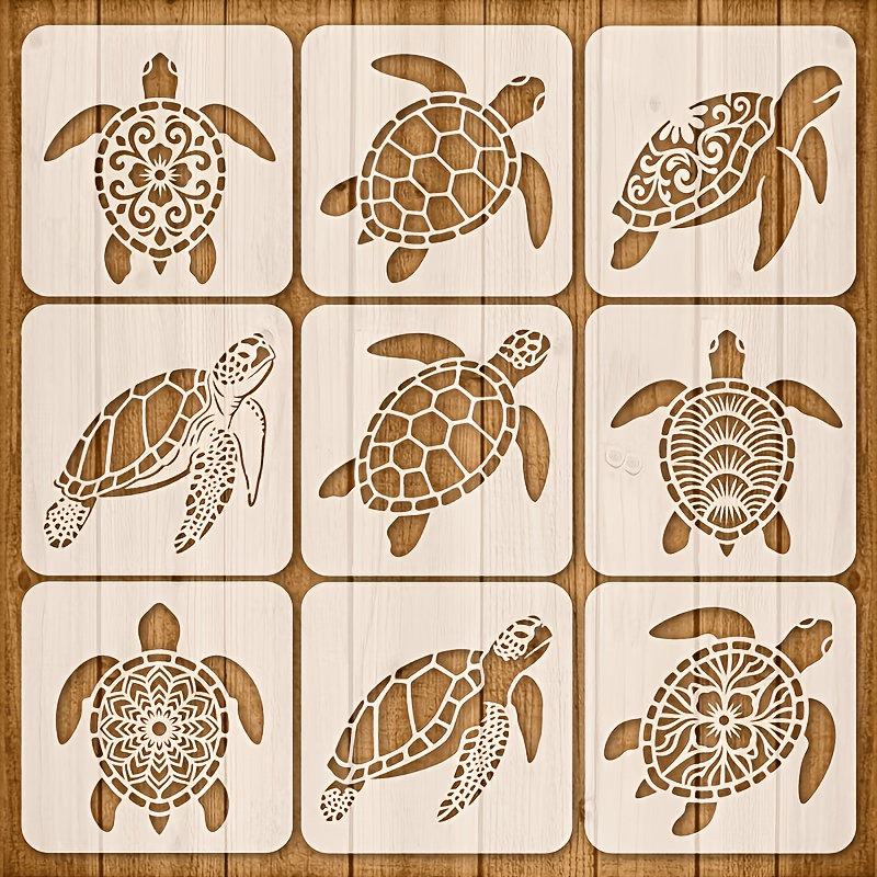 TEMU Lot de 9 pochoirs réutilisables avec des tortues de mer, idéaux pour la peinture, le scrapbooking, la décoration intérieure, l'embellissement de