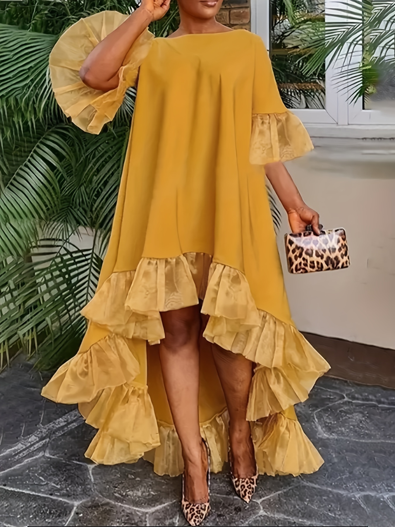 Plus Size Women's Elegant Mustard Yellow A-Line Dress with Short Front  Flowing Hem *-Length Sleeve, Round Neck, Non-Stretch