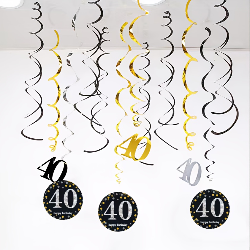 Image of 12pcs Set Of 40th Birthday Party Decorations - Black, Golden, And Silvery Size 40 Hanging Vortex, No Electricity Required For Celebrations, Anniversaries, And Weddings