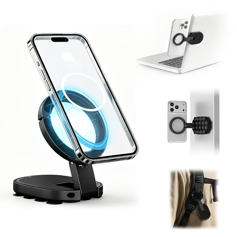 TEMU 3-in-1 Magnetic Suction Phone Holder: 360° Rotatable Foldable Mount With Carabiner Clip. Dual-safety Lock For Car Dashboard And Gym.