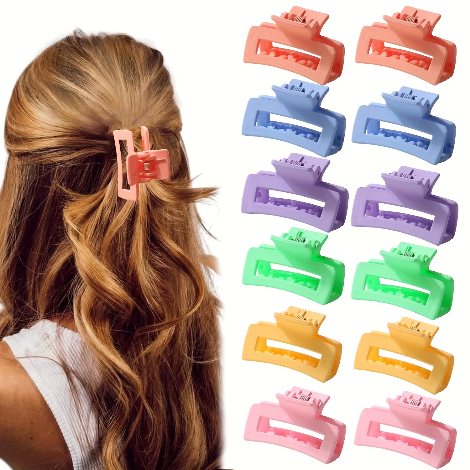 

12pcs Assorted Pastel Matte Claw Clips, Cute Solid Color Rectangular Hollow Hair Accessories For Women, Ideal For Daily Use