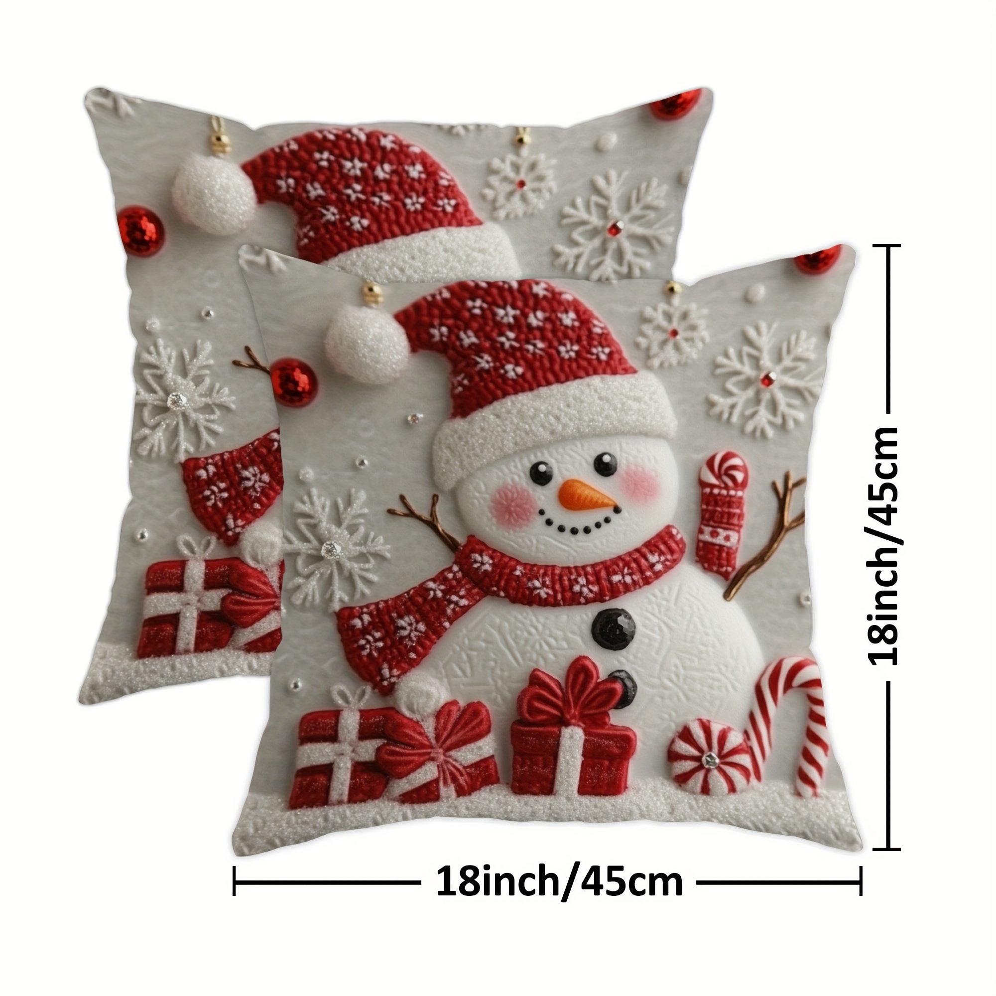 TEMU 2pcs 2d Flat Christmas Decoration Red Snowman Candy Gift Box Snowflake Colorful Ball Velvet Throw Pillow Covers Cosy Soft Decorative Pillowcases