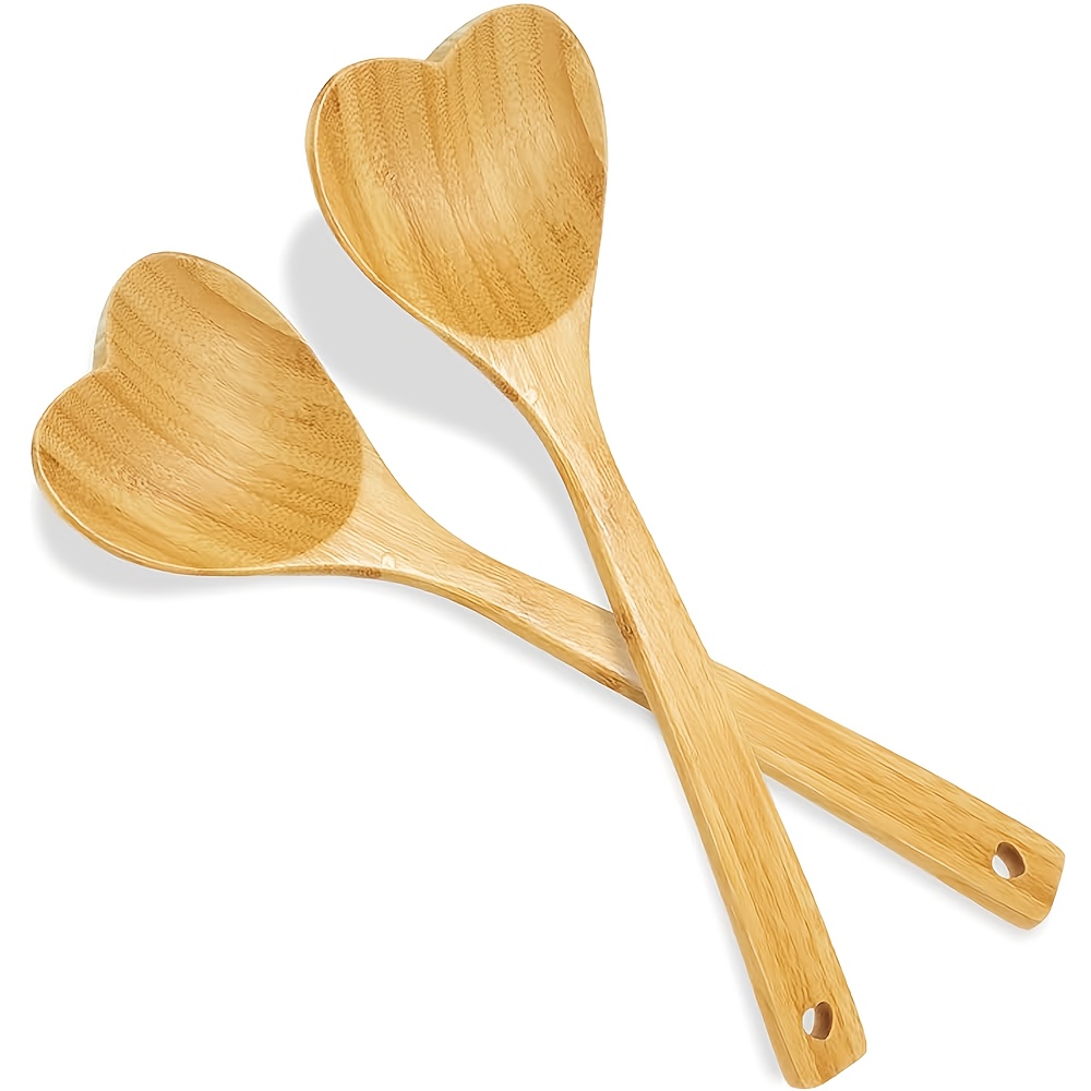 Image of A Set Of 2 Heart-shaped Spoons, Designed For Cooking, Measuring 11 Inches, Made Of Bamboo, Utensils For Housewarming, Valentine's Day, Birthdays, And Wedding Gifts. A Present For Mom Or Grandma