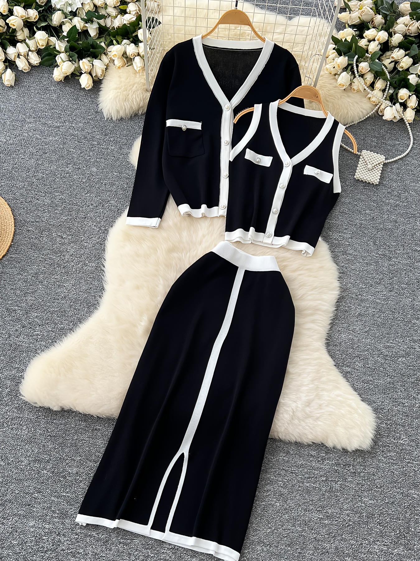 Korean Style Color Block Set with Sleeveless Vest, Long Sleeve Cardigan and High-Waisted Midi Skirt Three-Piece Set