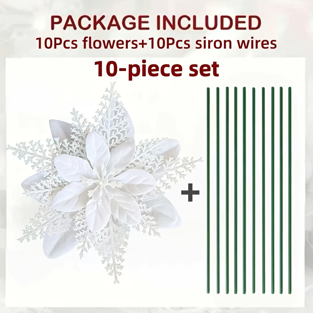 TEMU 20pcs Set (10pcs Flowers And 10pcs Stems) New Glitter Christmas Flowers, Double Layer Handmade Artificial Red Roses With Sequins - 5.91 Inches