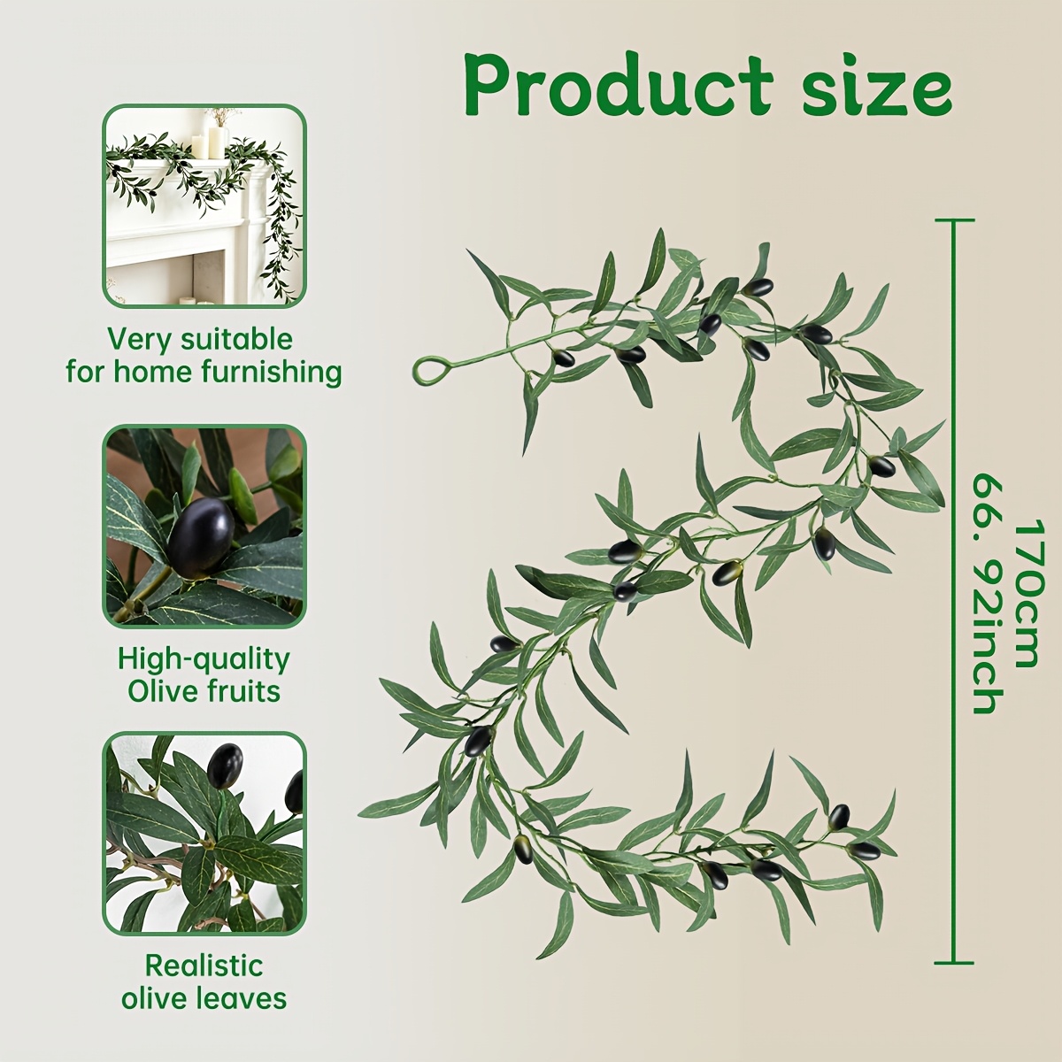 TEMU 1pc Artificial Garland, Floral Vine Decor, No Maintenance Greenery Leaves Artificial Plant With Fake Olive Fruits, For Indoor Outdoor Use Diy