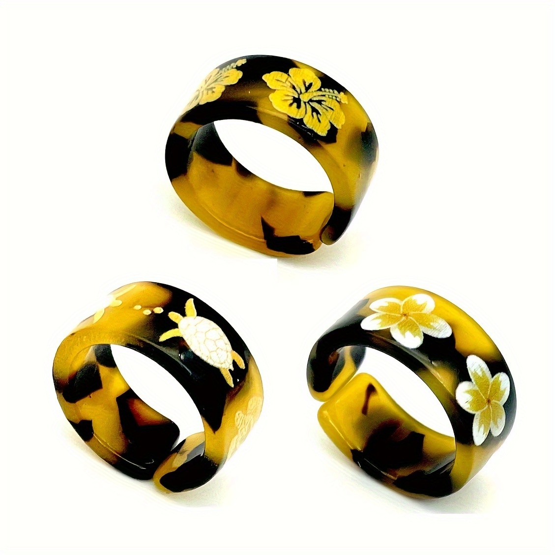 3pcs Hawaiian Tropical Flower Animal Printed Open Ring Set