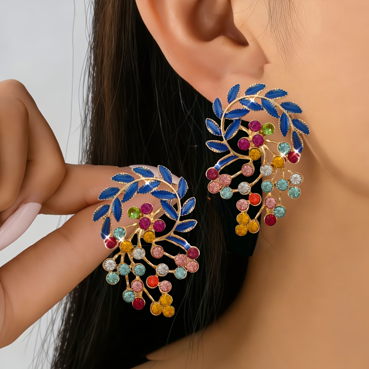 TEMU 1 Pair Romantic Literary Iridescent Synthetic Rhinestone Floral Premium Individual Creative All- Evening Party Women's Earrings (random Color