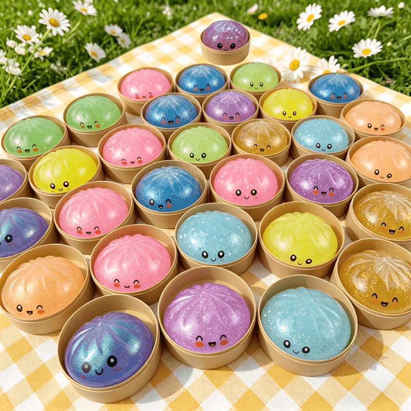 3pcs set 1 soft bun 1 steamer lid 1 steamer base 2026     toy sequined stuffed bun toy soft and fluffy squeezable round stress relief ball with packaging box for relax office leisure toy halloween party giveaways