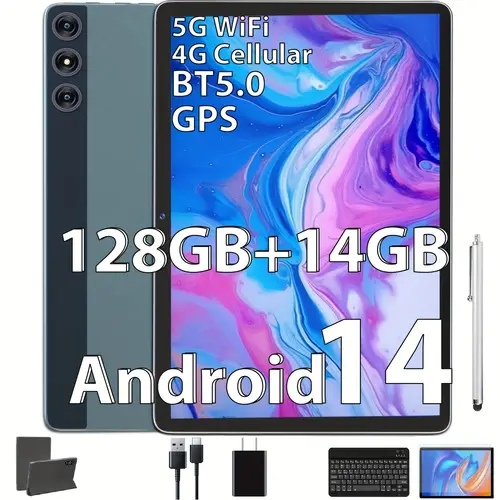 2025 newest android 14 tablet 10 1 4g 5g lte 14gb 128gb rom expandable to 1tb t606 core processor 7000mah battery 13mp 8mp dual hd camera wireless 5 0 gps ips lcd display with stylus keyboard included face unlock perfect gift for holidays versatile tablet modern tablet advanced