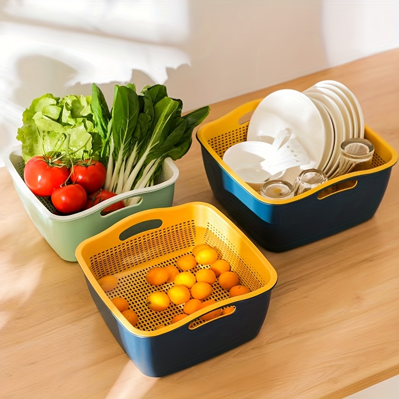 2pcs set multifunctional plastic kitchen colanders double layer vegetable washing basin with draining basket durable fruit basket non electric food service equipment for kitchen use Product details 1