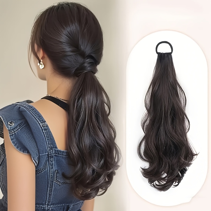 20 inch long wavy ponytail wig for women heat resistant synthetic hair with thick non slip rubber band   layered curls for natural daily hairstyle     hair wigs versatile hairpiece  