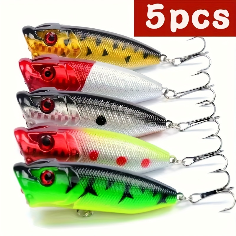 

5pcs Leurres de Pêche Topwater Popper - Couleurs Mélangées, Corps en ABS , Longue Portée avec Yeux 3D & Crochets Tranchants pour d'Eau Douce