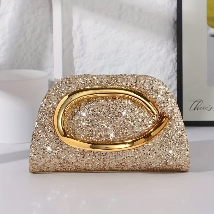 Evening Party Sequins Clutch Classic Handbag Women's Fashion Golden Metal Handle Chain Body Handbag