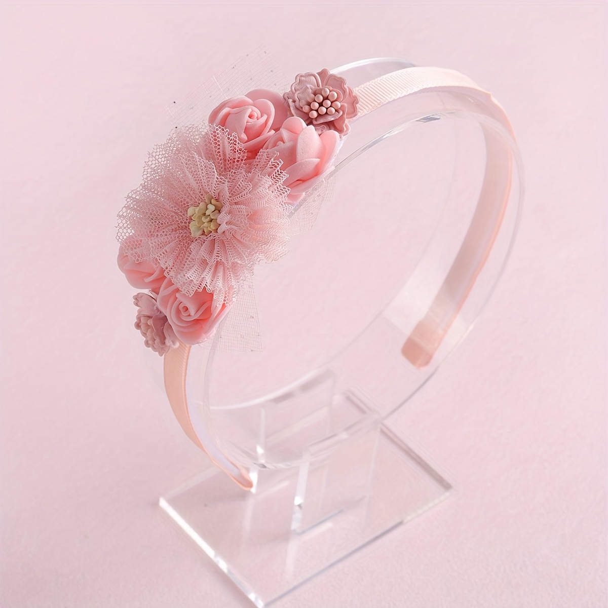 

Sweet Style Cute Pink Floral Headband, Faux Flower Hair Accessory With Mesh Detail For Women And Daily Use