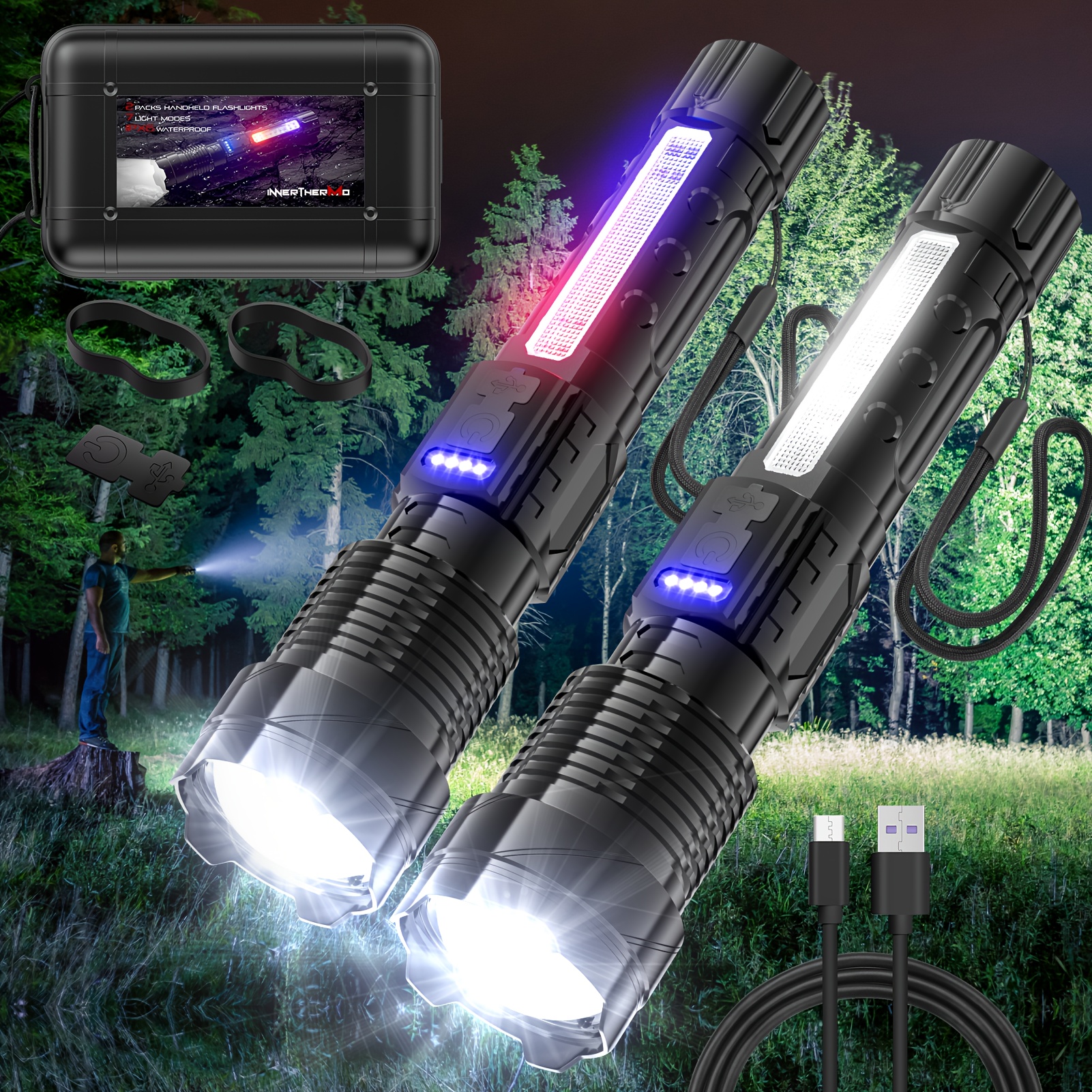 

Rechargeable Flashlights 2 Packs With 4000lm And 7 Light Modes, Multifunctional Tactical Led Flashlight With Cob Work Light, Power Display, Handheld Flash Light For Emergencies, Camping, Hiking