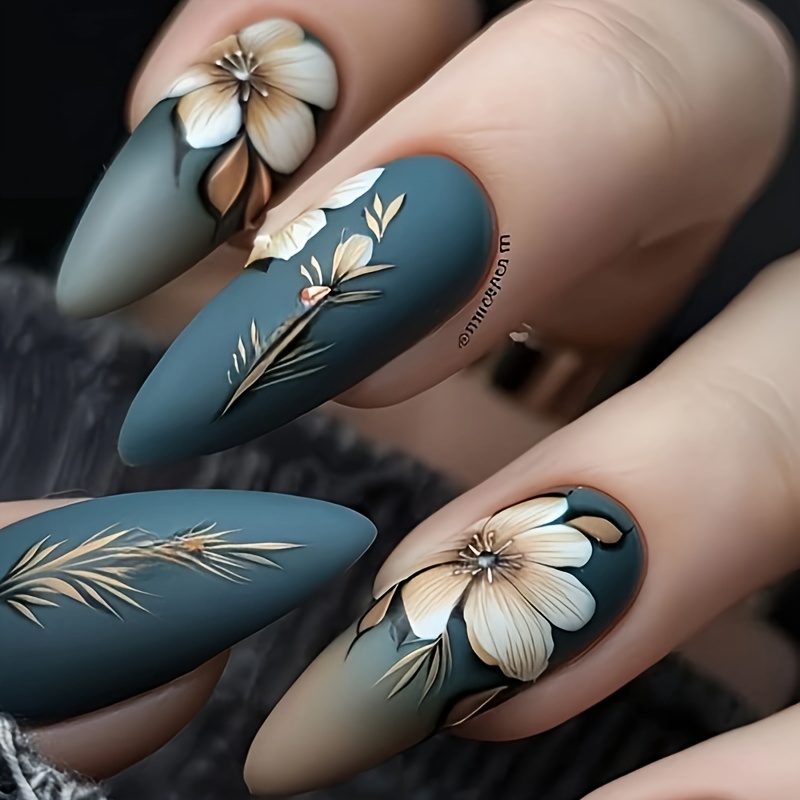 

24pcs Set Of Long Stiletto Press-on Nails In Matte - Elegant With Floral & Botanical Design, Hands, Feet & Nail Care, Removable, Glitter