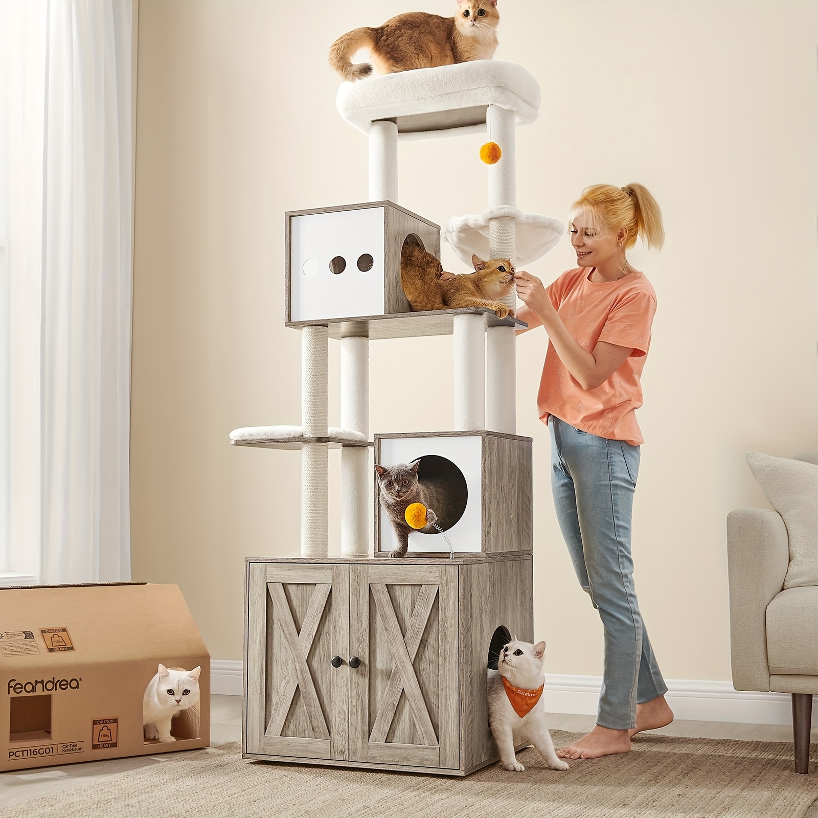E-shop Katzenkratzpfosten mit Katzentoilette 185cm Hoch, Waschbare Kissenplattform