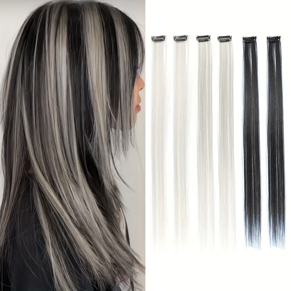 

6pcs Long Straight Hair Extensions For Women | High-temperature Synthetic Clip-ins In Black, White, & Gray | 22" Heat Resistant Fiber For Daily Use & Halloween Parties