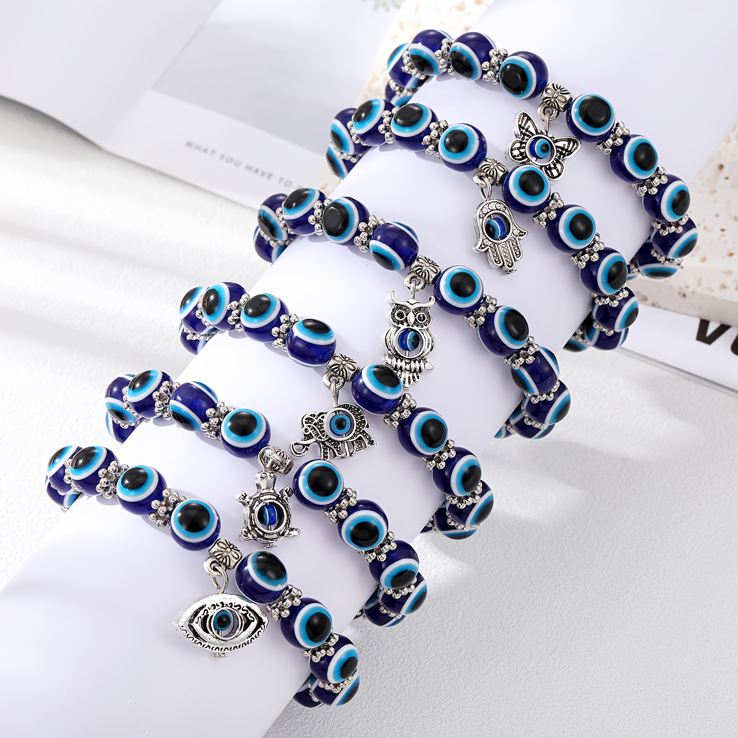 TEMU 6pcs Set Featuring Stylish Designs: Evil Eye, Owl, Elephant, Turtle, And Pendants. A Trendy Women's Bracelet Set Perfect For Daily Wear Or Party