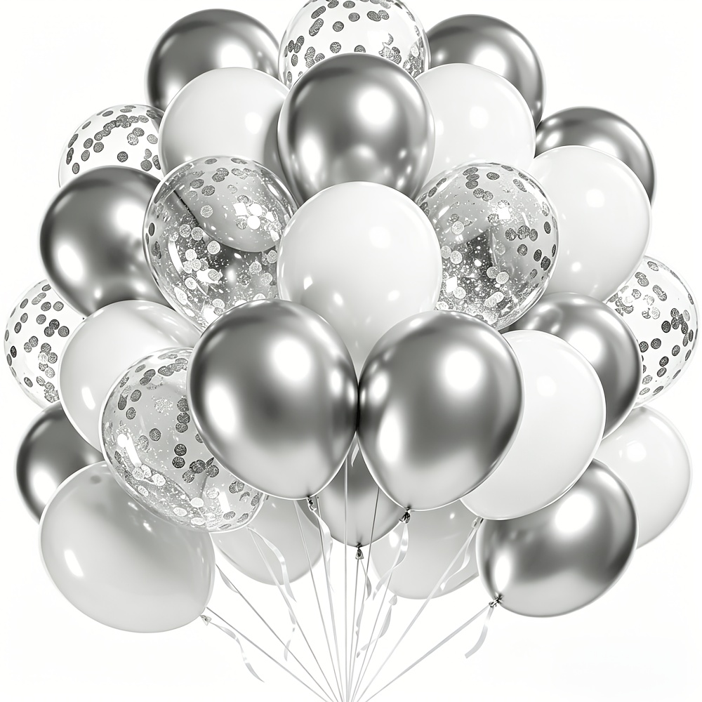 1 Set Of Material Metallic Silvery, White Mixed Silvery Sequined Balloons, High-quality Latex Balloons, Suitable For Wedding, Graduation, Happy Anniversary, Happy Birthday Party Decoration Balloons