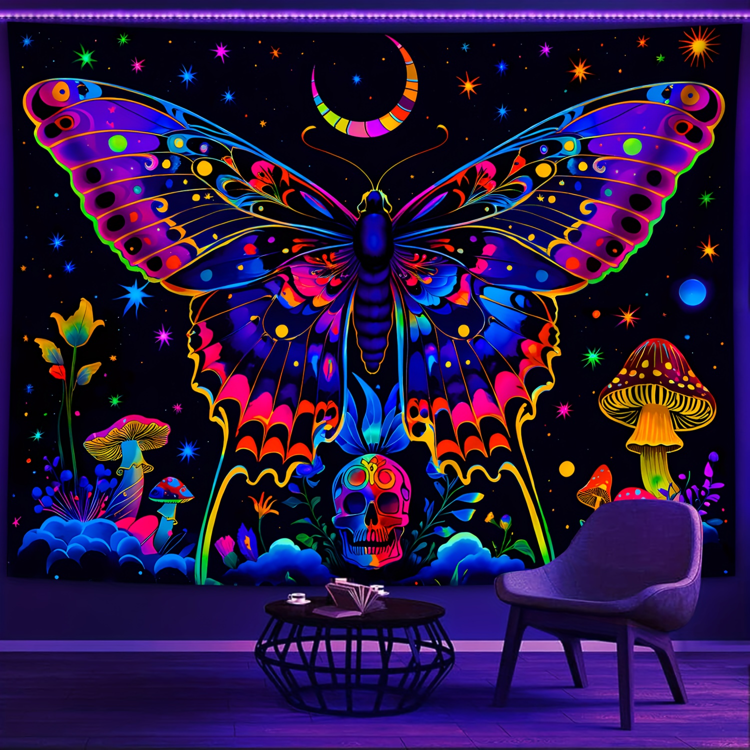 

Fantasy Butterfly Mushroom Glow Tapestry - Perfect For Parties And Home Decor - Free Installation Kit Included