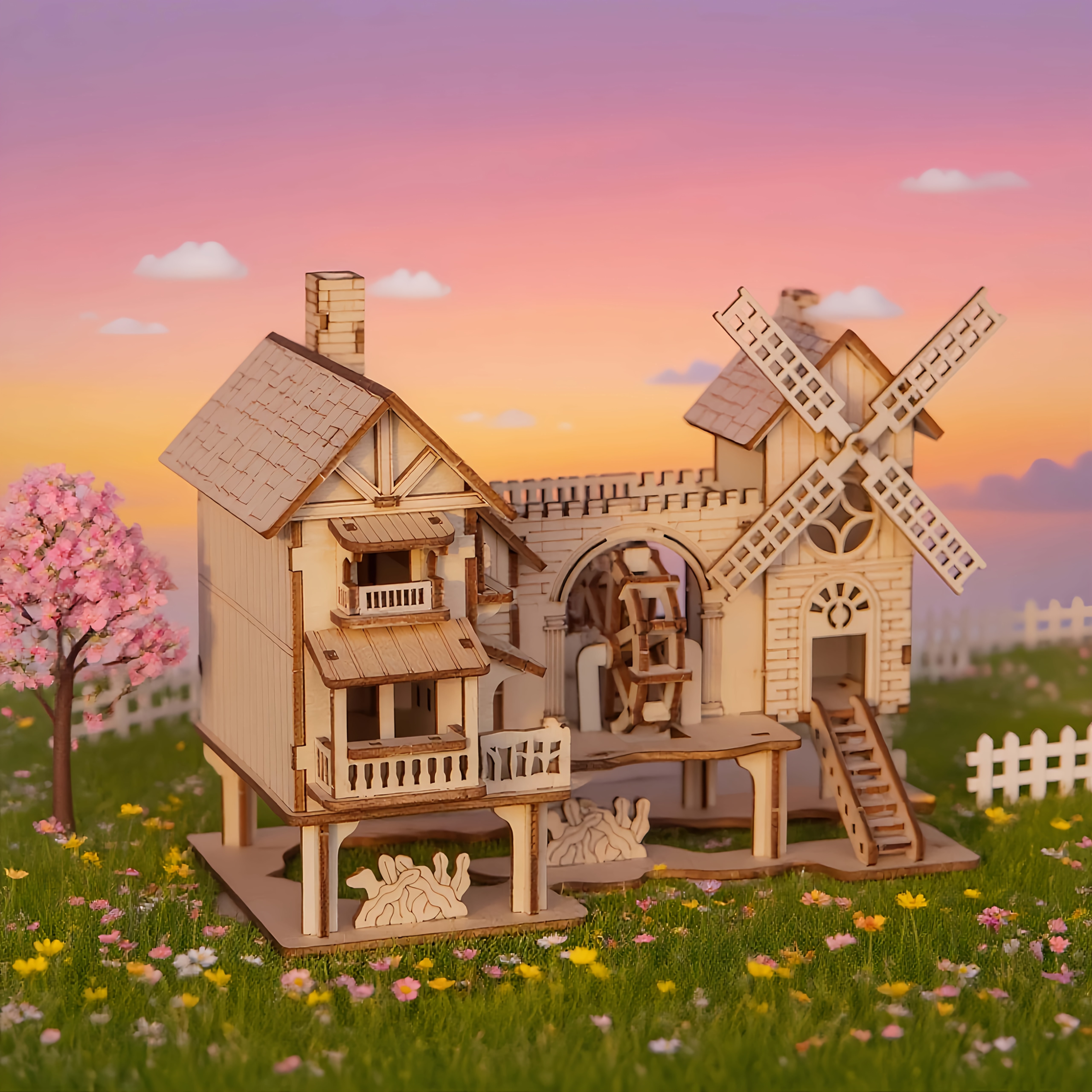 TEMU 3d Wooden Puzzle Windmill House Model Kit - Diy Building With Wind- Rotating Sails, Wood For & S, Birthday/christmas/halloween Gift, Educational