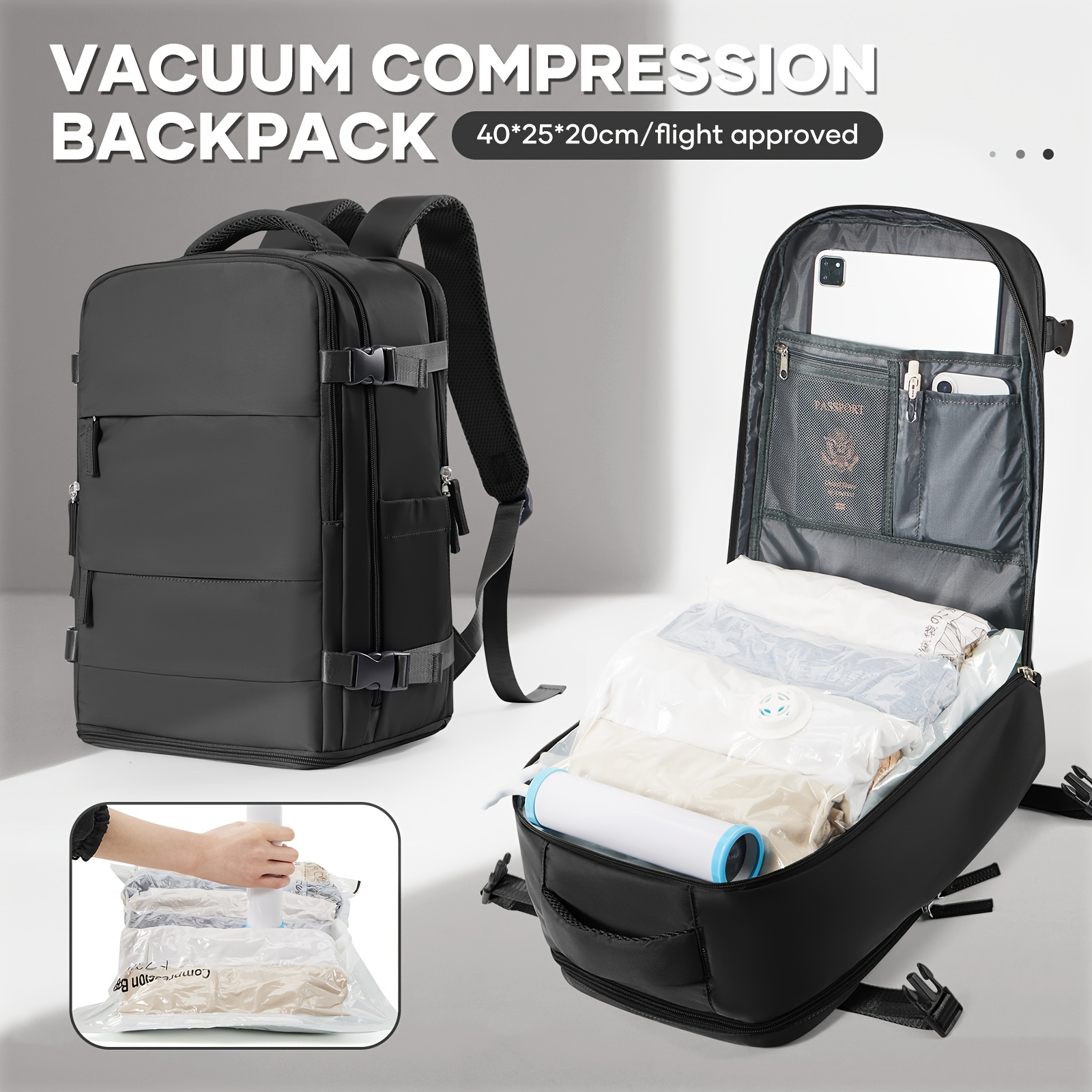 Bolso de Duffel para viaje, bolso de luggage 40*25*20, aprobado para vuelos, multifuncional, bolso de espalda para mujeres, bolso de compresión al vacuum con pulverizador al vacuum, artifato libre, reducción de espacio al 50%, combinación con esentiales para viaje familiar - Imagen 15