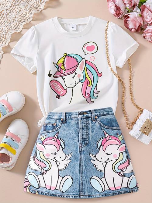 Girls 2PCS Unicorn Pattern Short Sleeve Top & Imitation Denim 3D Print Short Skirt Summer Outfit